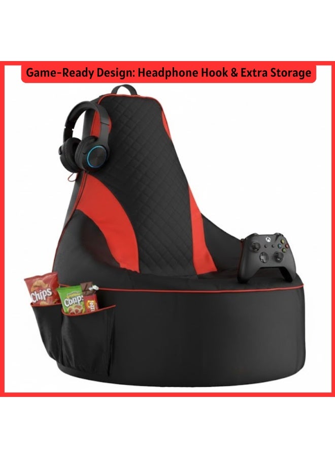 VELMORE Gaming Bean Bag Chair Cover ONLY – NO FILLING / WITHOUT BEANS | High-Back Quilted Seat, Side Pockets, Headphone Hanger & Water-Repellent Fabric - Image 5